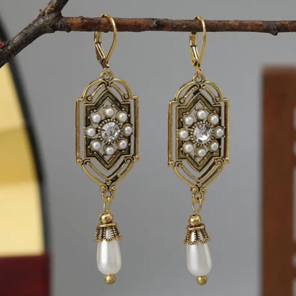NEW Arlette Victorian Edwardian Antique Gold and Seed Pearl Drop Earrings - Picture 1 of 4